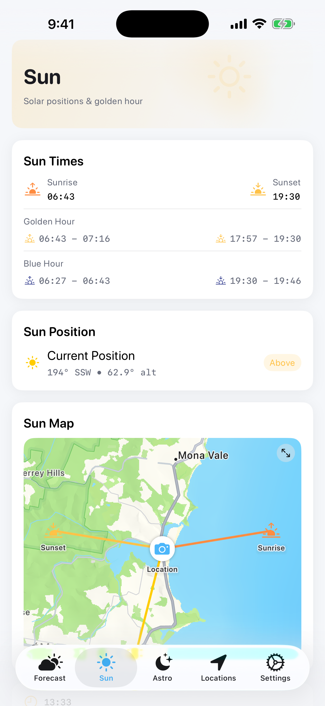 Sun & golden hour map