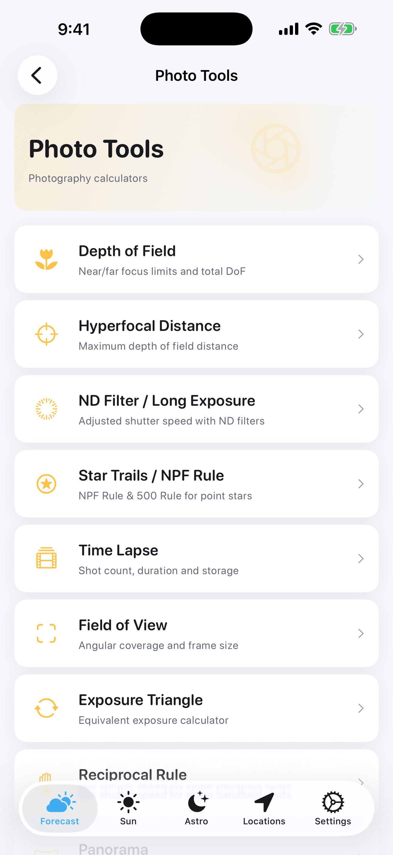 Photography calculators
